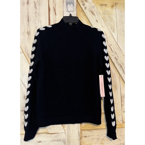 Aqua Cashmere Heart Sleeves  Mock Neck Sweater Women Size Medium Ivory Black - Picture 1 of 15